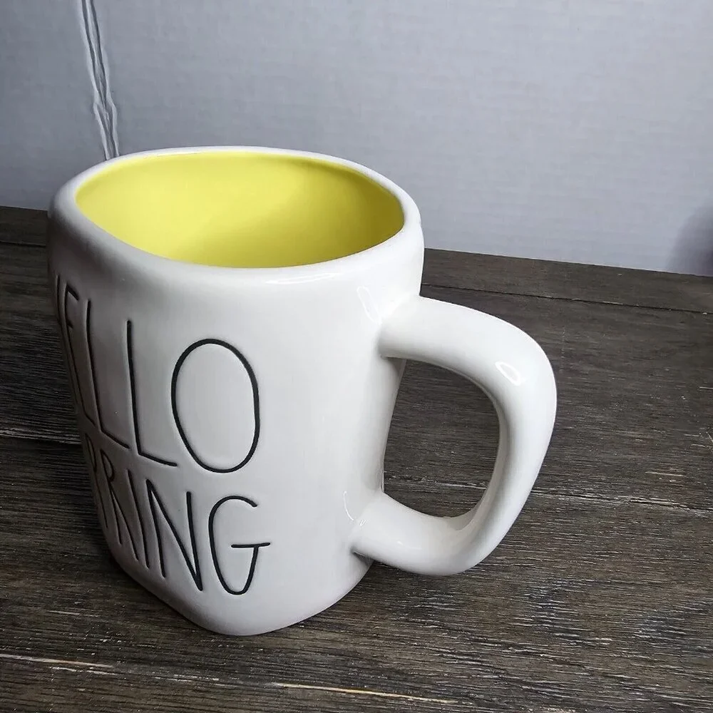 NWT Rae Dunn Artisan Hello Spring Mug Yellow Inside Magenta 2021 Farmhouse